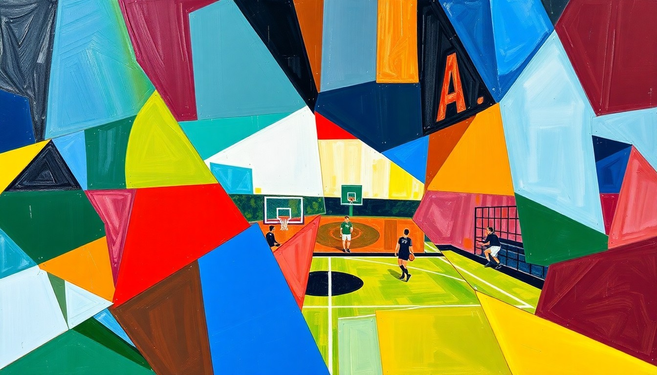 A fragmented, geometric painting with overlapping planes of color representing different sporting events and teams, conveying the dynamic nature of high school athletics.