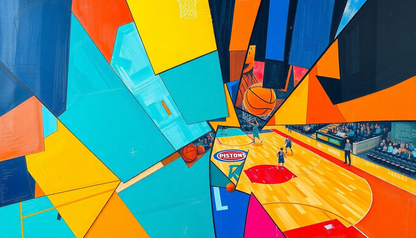 A fractured, cubist-style painting depicting a basketball game between two teams, with sharp geometric shapes and vibrant colors representing the dynamic action on the court.