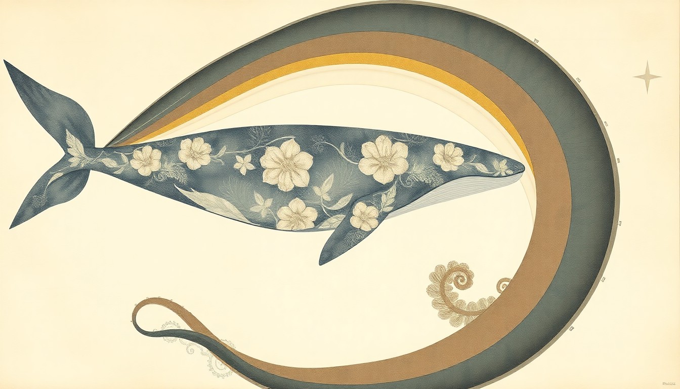 A highly structured abstract painting in soft, earthy tones featuring sweeping geometric arcs, concentric circles, and precise botanical spirals, conceptually representing the delicate balance of a gray whale navigating an estuarine environment.