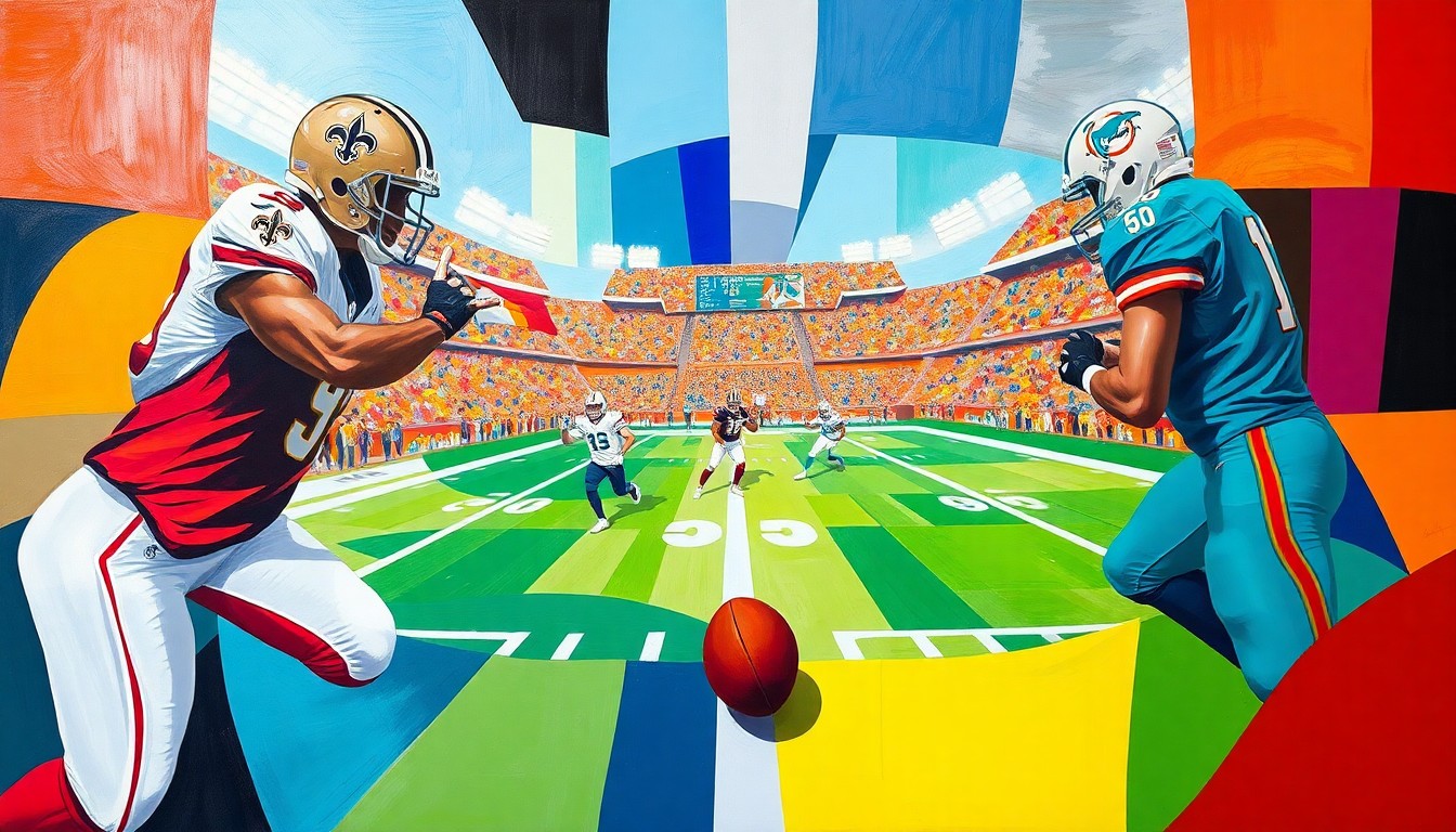 A cubist-style painting featuring overlapping geometric shapes and planes in the colors of the Saints and Dolphins uniforms, capturing the energy and drama of the game's key moments.