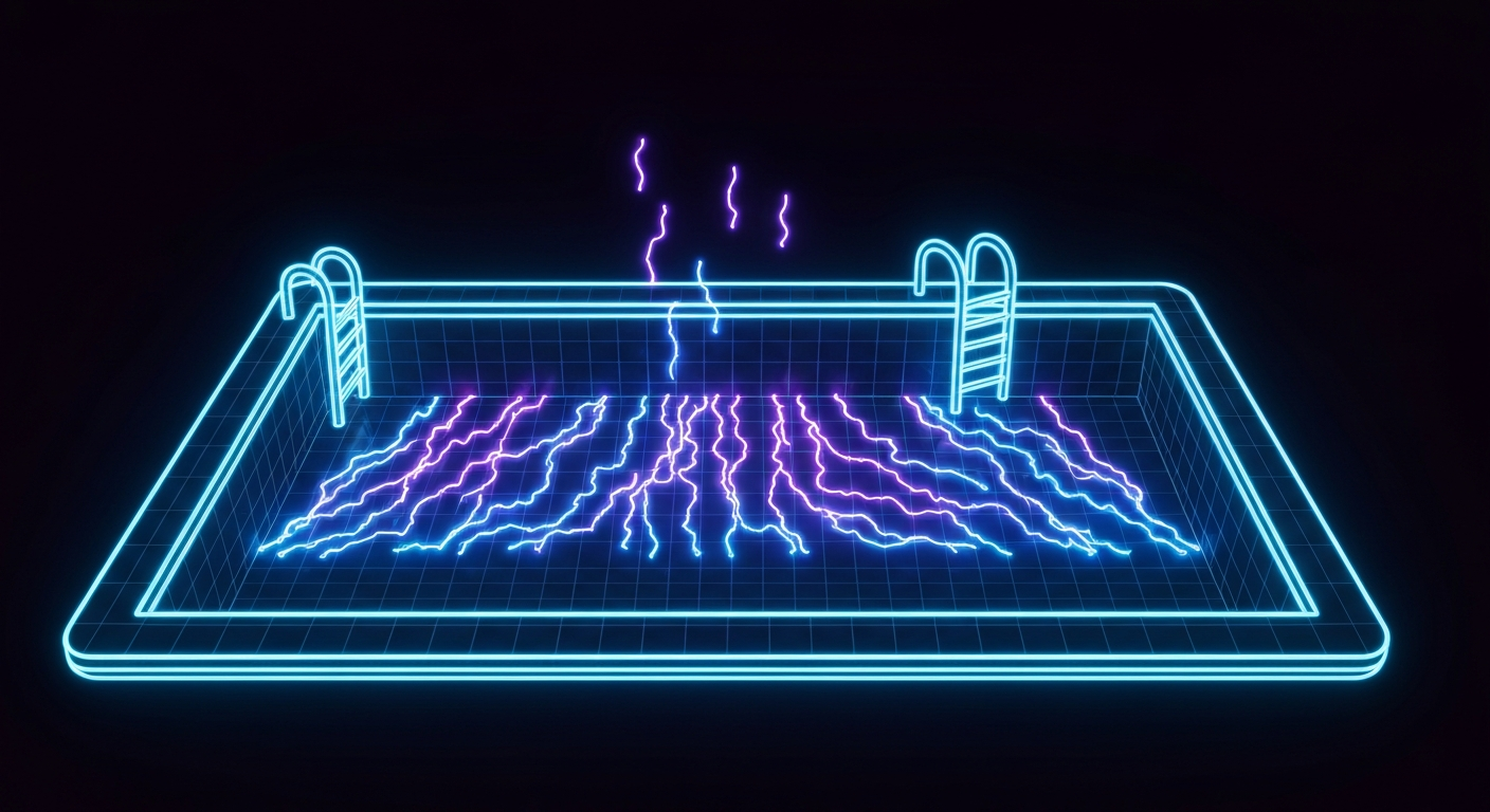 A minimalist, neon-outlined diagram of a public swimming pool, with pulsing lines of electric blue and violet energy emanating from the water, conceptually representing the unseen chemical hazard that prompted the evacuation and shelter-in-place orders.
