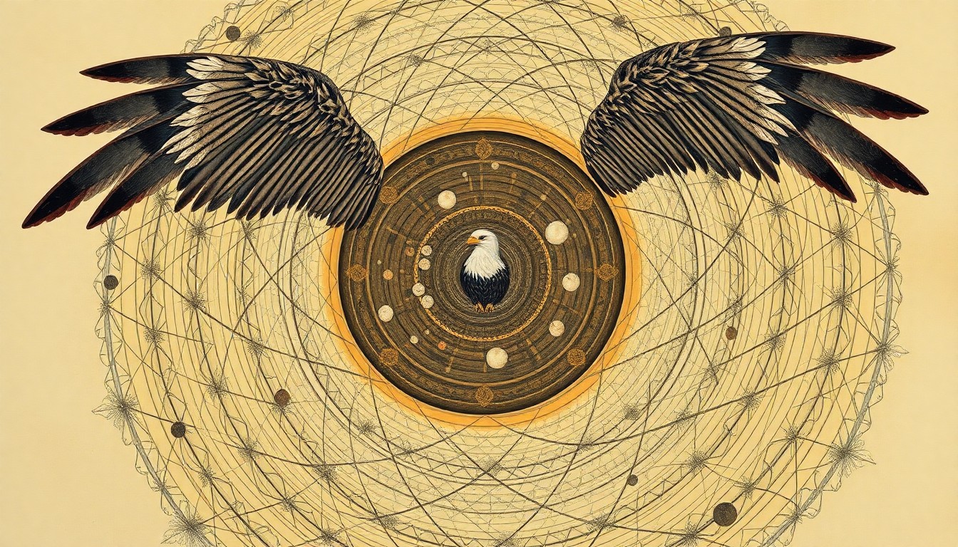 A highly structured abstract painting in soft, earthy tones, featuring sweeping geometric arcs, concentric circles, and precise botanical spirals, conceptually representing the intricate web of life in a bald eagle's nest.
