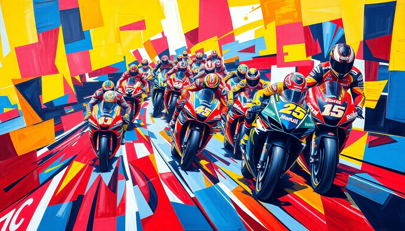 A cubist, geometric painting depicting the intense action of the MotoGP sprint race, with overlapping shapes and planes of color representing the dynamic movements and fierce competition between the riders.