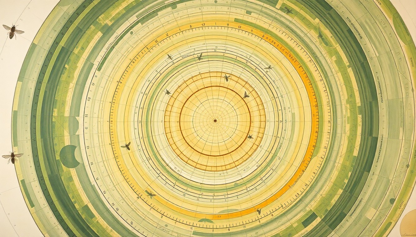 A highly structured abstract painting in muted tones of green, yellow, and blue, featuring sweeping geometric arcs, concentric circles, and precise botanical spirals, conceptually representing the complex time-processing abilities of bees.