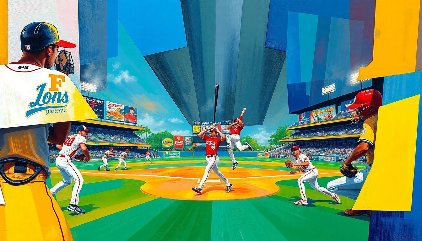 A cubist-style painting featuring overlapping geometric shapes and planes in the colors of the Saint Leo Lions and Florida Southern teams, capturing the dynamic action and energy of a college baseball game.