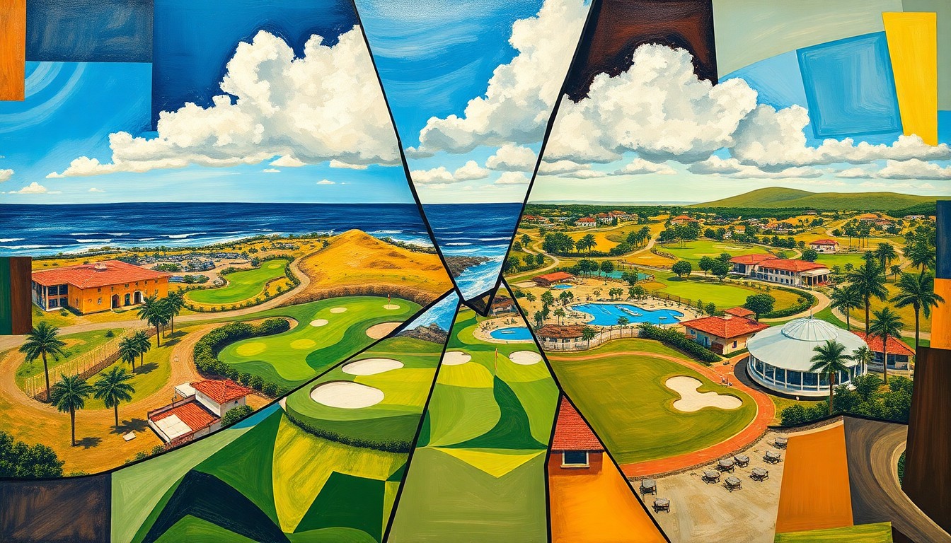 A cubist, geometric painting depicting a golf course and surf park overlapping in sharp, fragmented planes, representing the clash between these two recreational activities in the coastal town.