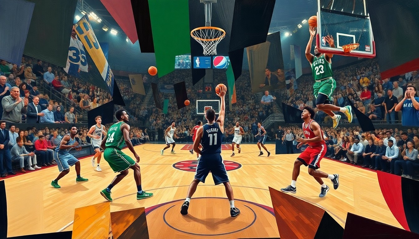 A fractured, multi-perspective painting in a cubist style, depicting the dynamic action and intensity of a basketball game between the Boston Celtics and Toronto Raptors, with sharp, overlapping geometric planes representing the players' movements and the competitive energy of the contest.