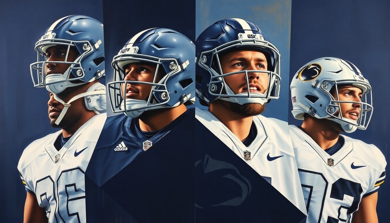 A fractured, cubist-style painting depicting the contrasting skills and legacies of four Penn State football players - a running back, tight end, linebacker, and quarterback - through a composition of sharp, overlapping geometric shapes and planes in a vibrant color palette.