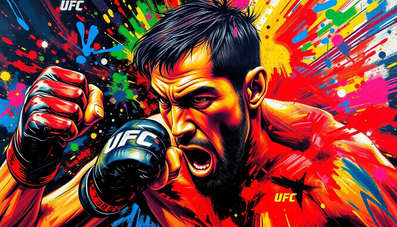 An abstract, expressionist painting in neon colors depicting the intense physicality and raw energy of a UFC fighter in action, with faces and details dissolving into a blur of vibrant brushstrokes.
