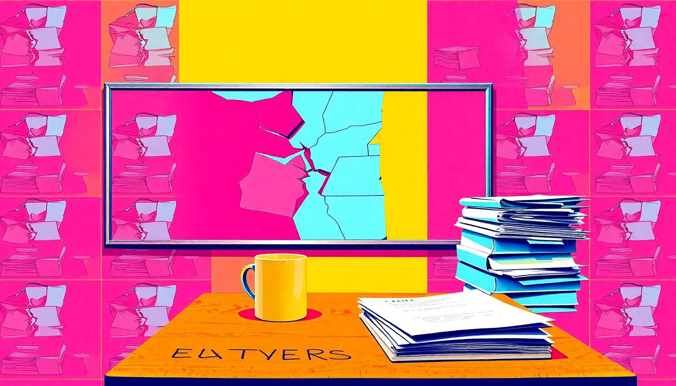 A brightly colored, high-contrast silkscreen print of a teacher's desk with a broken whiteboard, a cracked coffee mug, and a stack of papers, repeated in a tight grid pattern, conceptually representing the everyday challenges and hazards faced by educators.