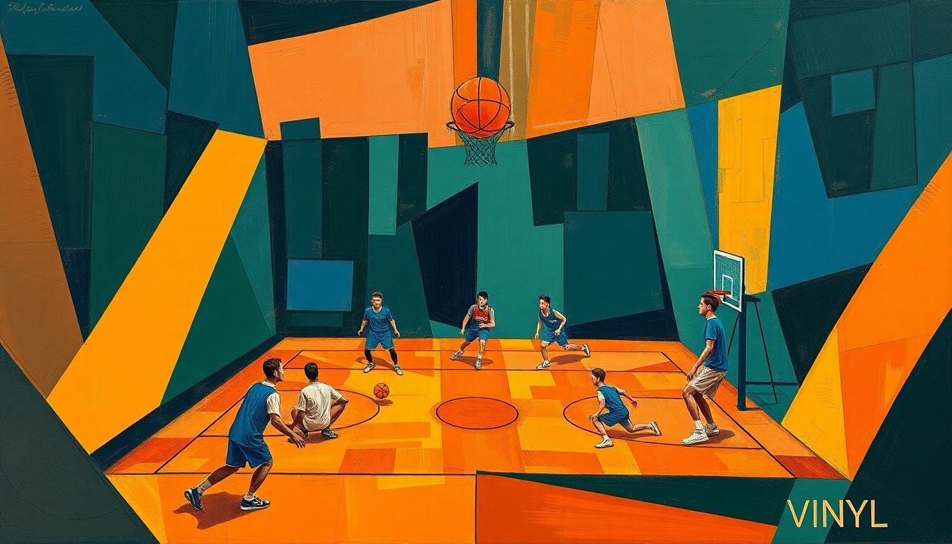 A fragmented, cubist-style painting depicting a 3-on-3 basketball game, with the players and court broken down into sharp, overlapping geometric shapes in navy blue, forest green, and burnt orange tones, conveying the disruption and challenge faced by Phantom BC without their defensive anchor.
