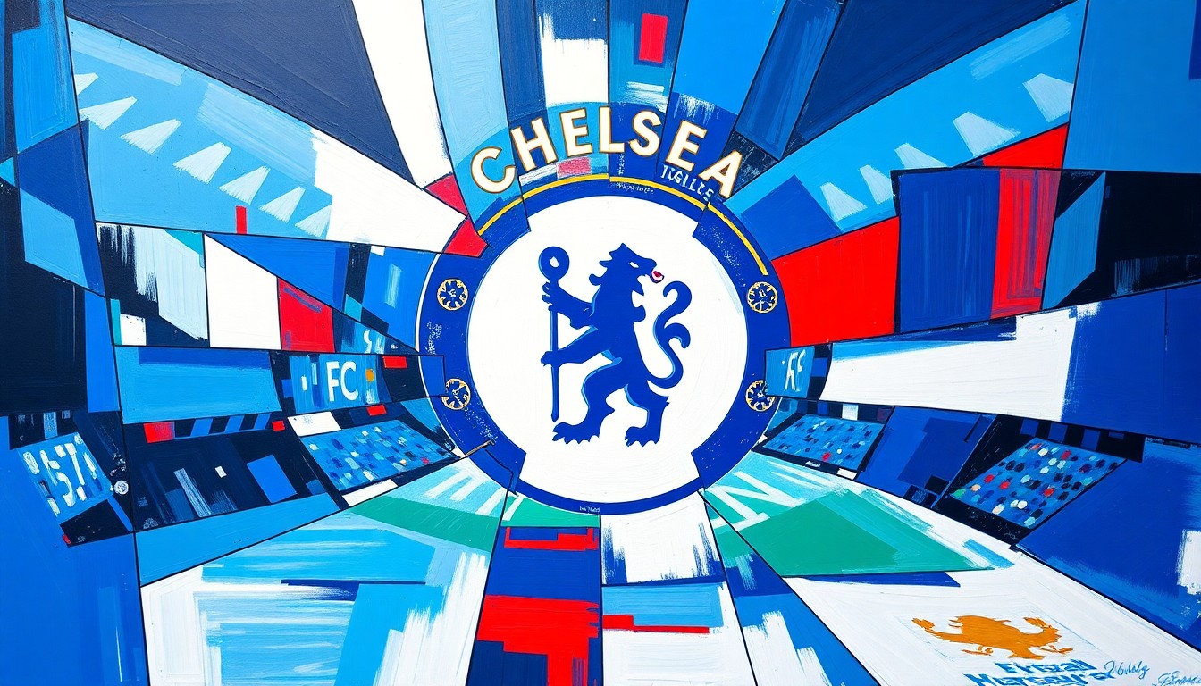 A cubist, geometric painting depicting a Champions League football match, with the players and field broken down into sharp, overlapping planes of blue, white, and red, capturing the intensity and drama of the competition.