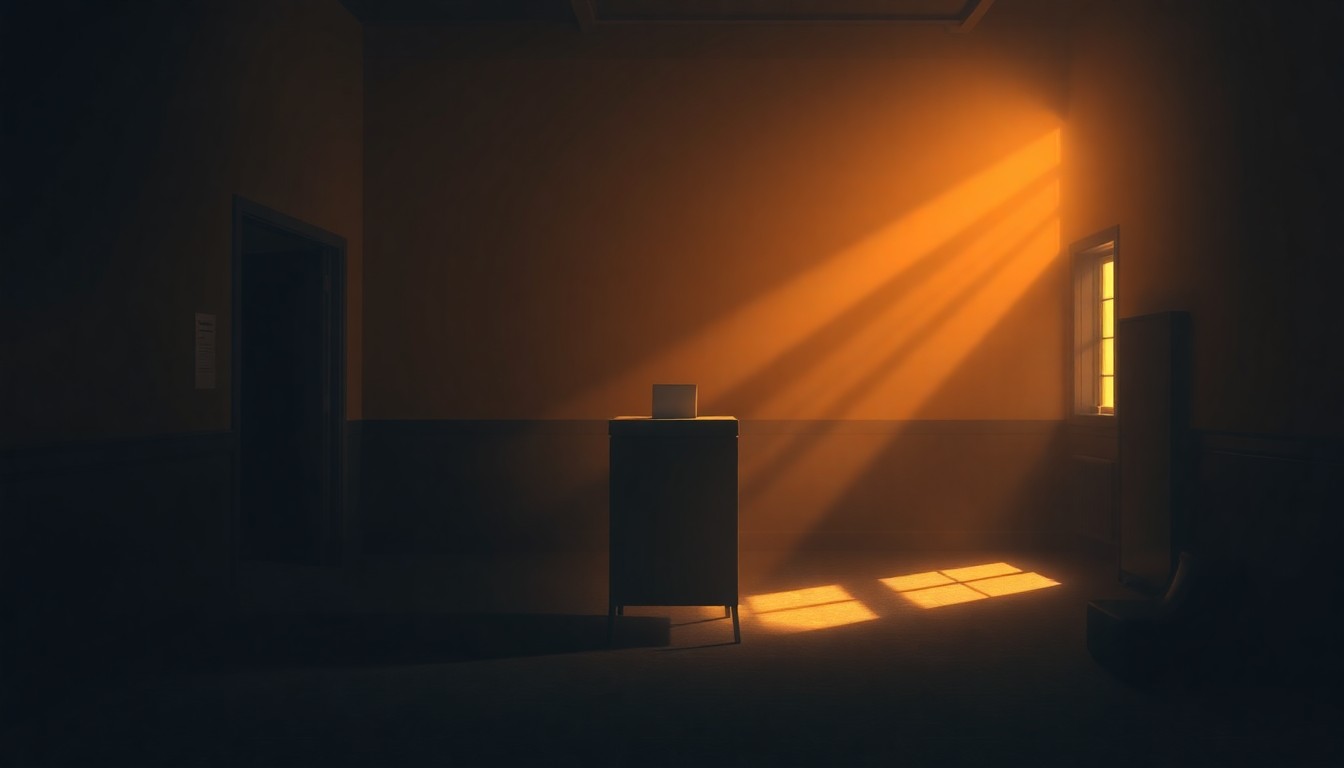 A dimly lit, cinematic painting of a solitary ballot box or voting machine in a deserted government office space, bathed in warm, diagonal sunlight and deep shadows, conceptually illustrating the tensions surrounding the 2020 election in Fulton County, Georgia.