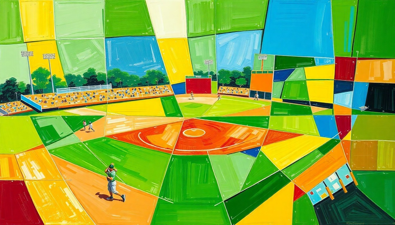 A cubist-style painting featuring overlapping geometric shapes and planes of bright green, blue, and yellow, conceptually representing the action and energy of a high school softball game.