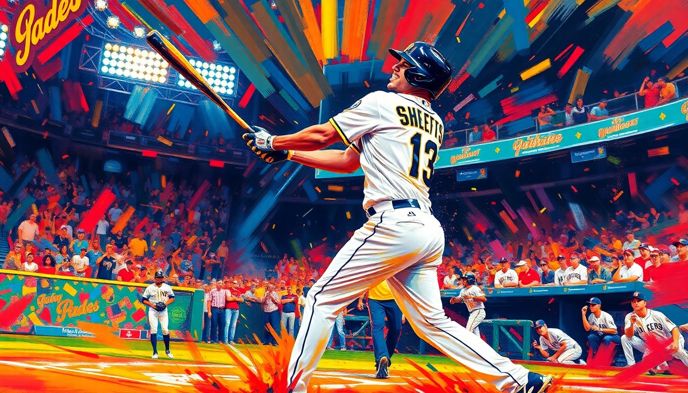 An extreme close-up of a baseball player's bat making contact with a pitch, rendered in a vibrant, expressionist style with neon colors and energetic brushstrokes, capturing the raw power and emotion of the game-winning moment.