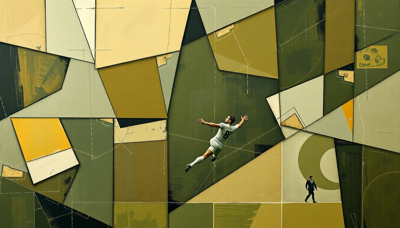 A fragmented, geometric painting depicting the complex negotiations and power dynamics between soccer clubs and players, using muted earth tones to convey the tension and uncertainty.