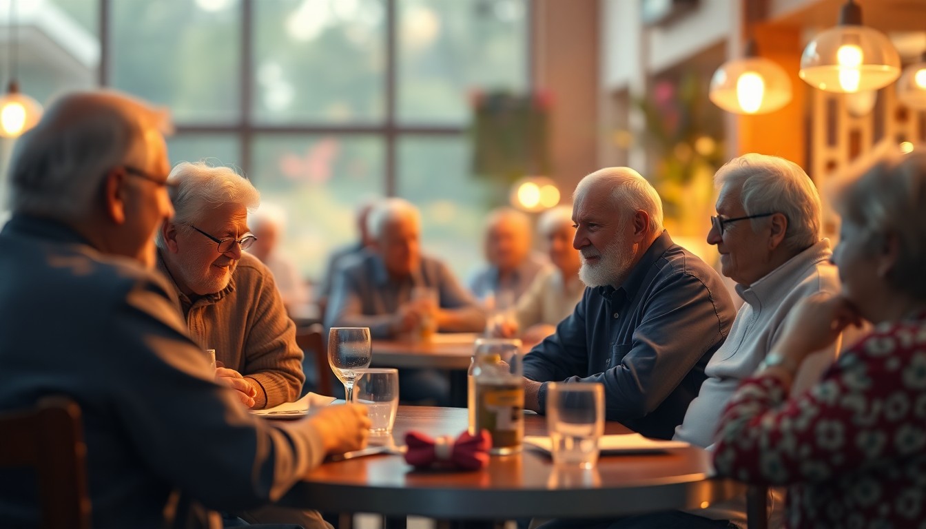 An abstract, impressionistic scene of blurred figures seated around tables, conveying the warm, social atmosphere of a community gathering space for seniors.