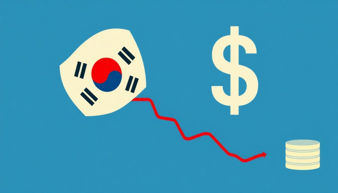 A bold, minimalist illustration featuring overlapping triangles and rectangles in shades of blue, red, and yellow, conceptually representing the fluctuating value of the Korean currency.