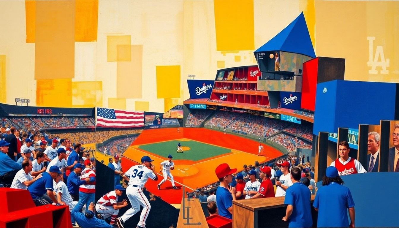 A fractured, geometric painting in vibrant blues and reds, depicting abstract baseball motifs and iconic moments from the Dodgers' history, conceptually representing the lasting impact of these debut seasons.