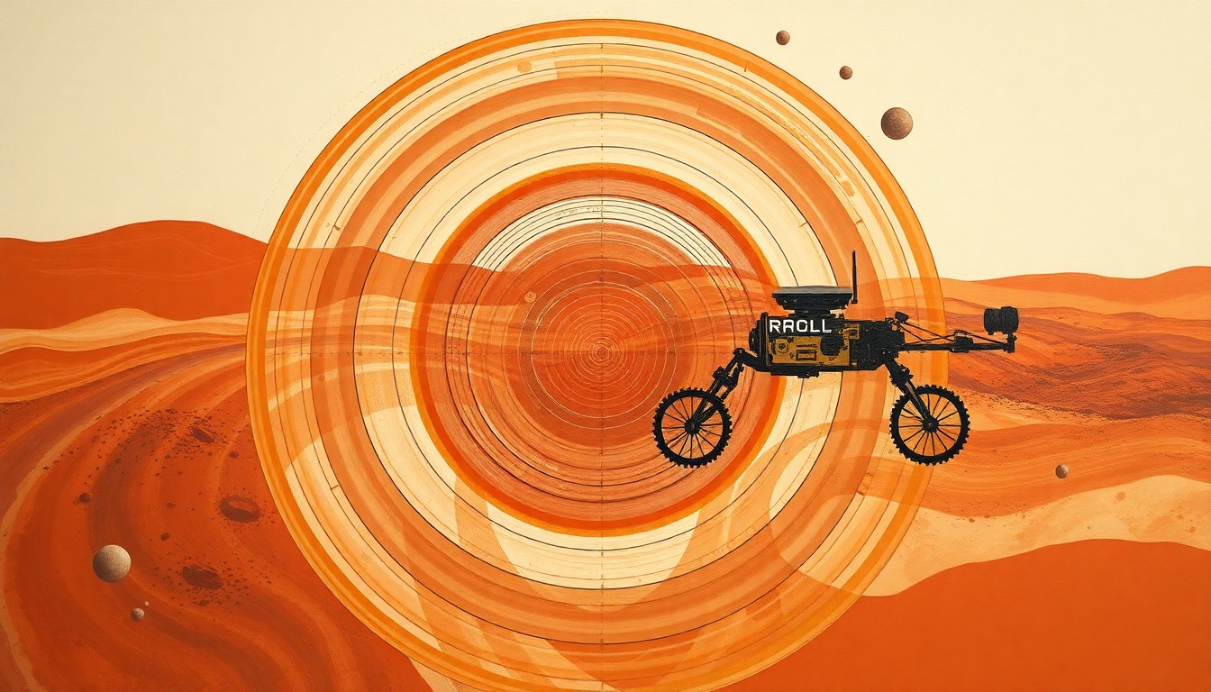 A highly structured abstract painting featuring sweeping geometric arcs, concentric planetary circles, and precise botanical spirals in earthy tones of red, orange, and brown, conceptually representing the complex scientific forces and technological capabilities behind the Perseverance rover's extended mission on Mars.