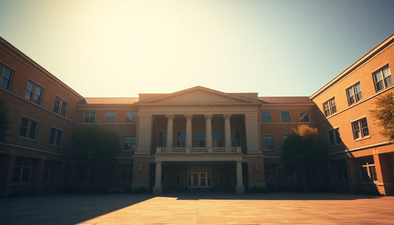 A serene, cinematic painting of an empty university administration building, with warm sunlight streaming through the windows and deep shadows casting a contemplative mood over the scene.