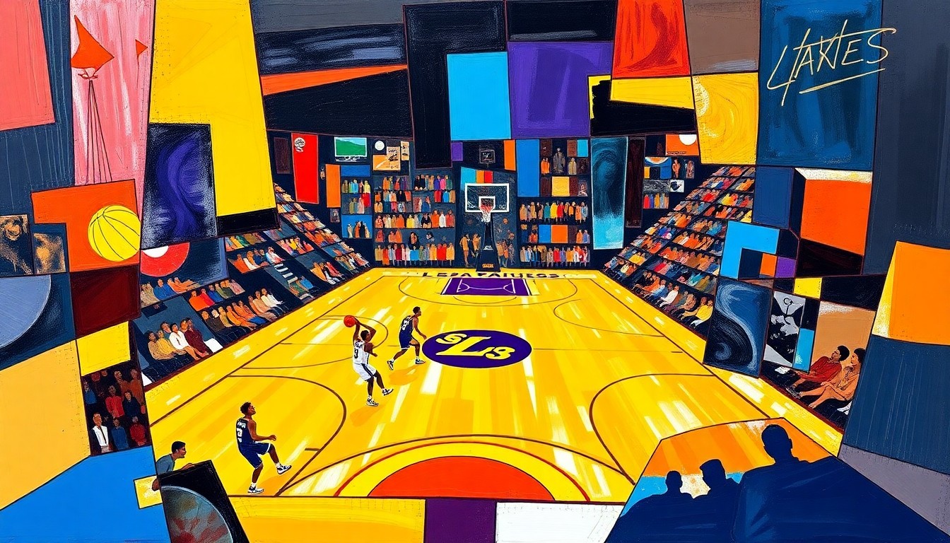 A cubist, geometric painting depicting a basketball game between the Phoenix Suns and Los Angeles Lakers, with the players and court fragmented into sharp, overlapping planes of color representing the teams' uniforms.