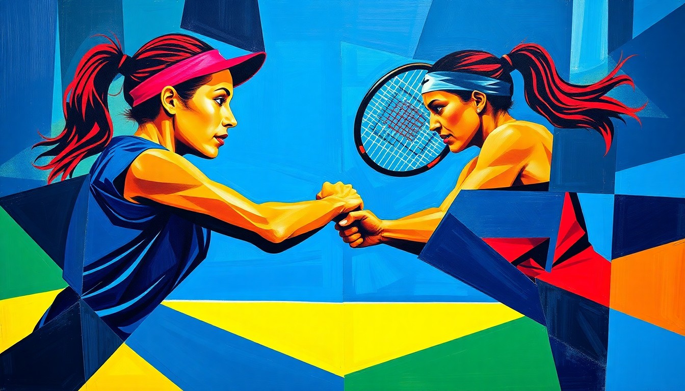 A fractured, cubist-style painting depicting the dynamic movement and energy of a tennis match, with overlapping geometric shapes and planes in vibrant colors representing the competitive spirit of the sport.