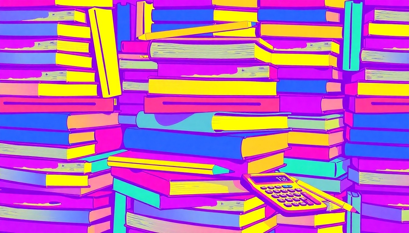 A visually striking, abstract grid of brightly colored school supplies, including textbooks, pencils, and a calculator, rendered in a bold, pop art style that captures the essence of the story's subject matter.