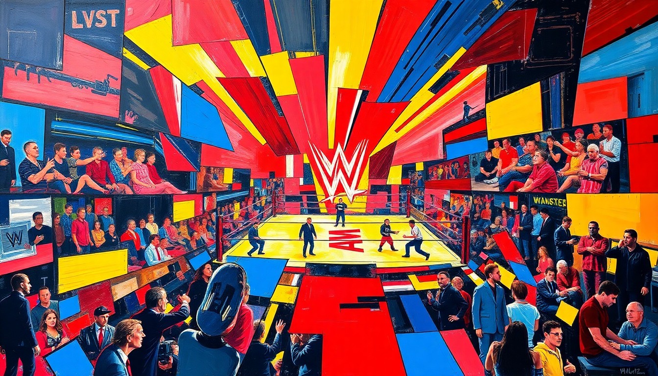 A cubist-style painting depicting a fragmented and overlapping view of a WWE Royal Rumble match, with wrestlers' bodies and the ring broken down into geometric shapes in a vibrant color palette, conceptually representing the changing dynamics of global sports entertainment.