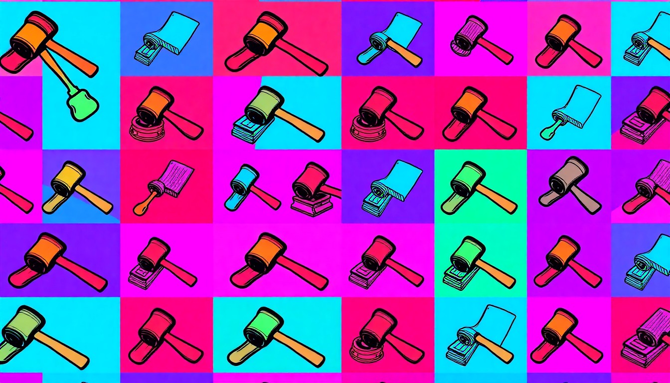 A brightly colored, high-contrast silkscreen print of a gavel repeated in a tight grid pattern, conceptually representing Samford Law's focus on trial advocacy skills.