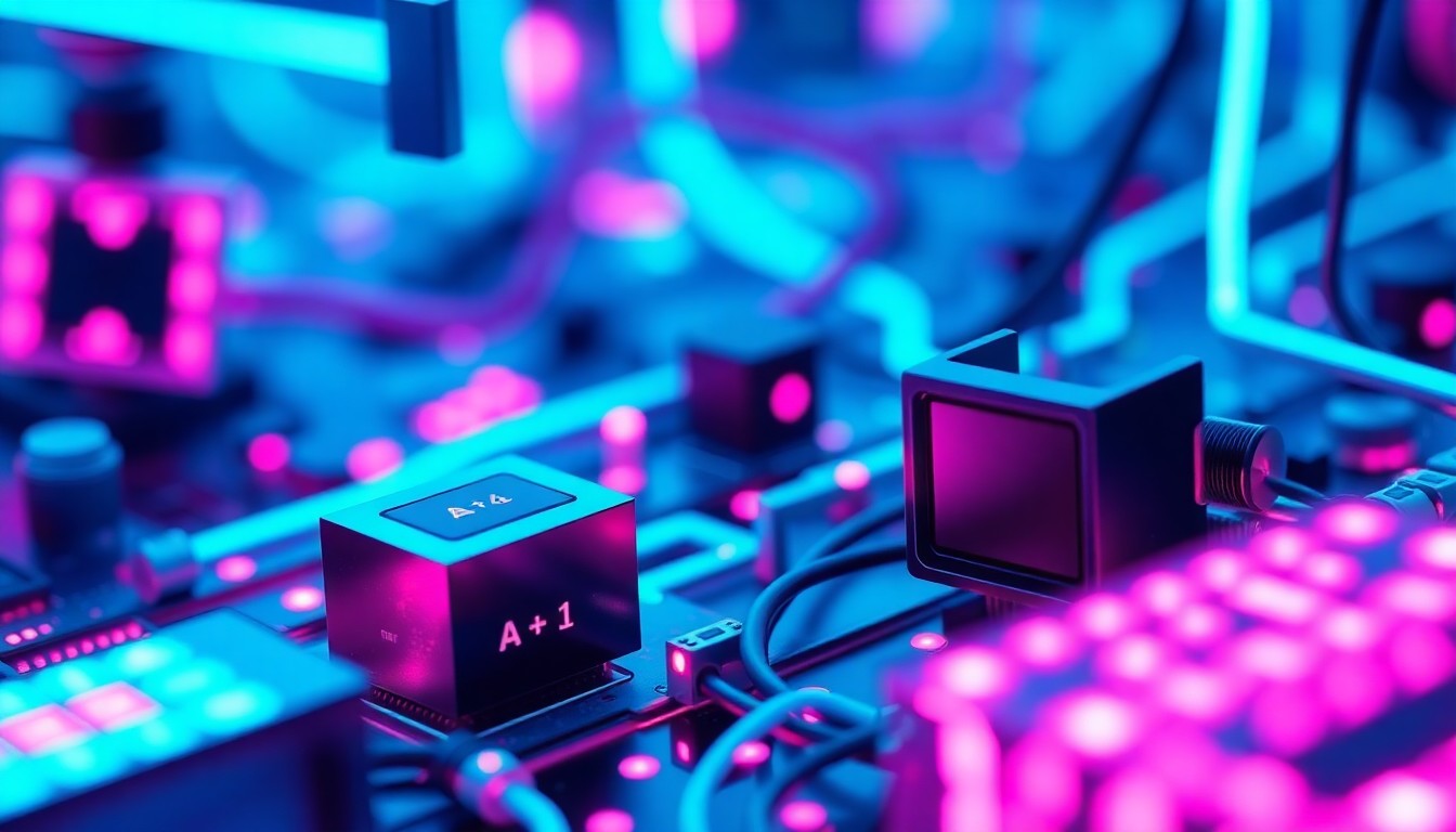 A highly detailed, glowing 3D illustration depicting various interconnected technological components and infrastructure, symbolizing the growing integration of AI in the tech sector and the resulting impact on the workforce.