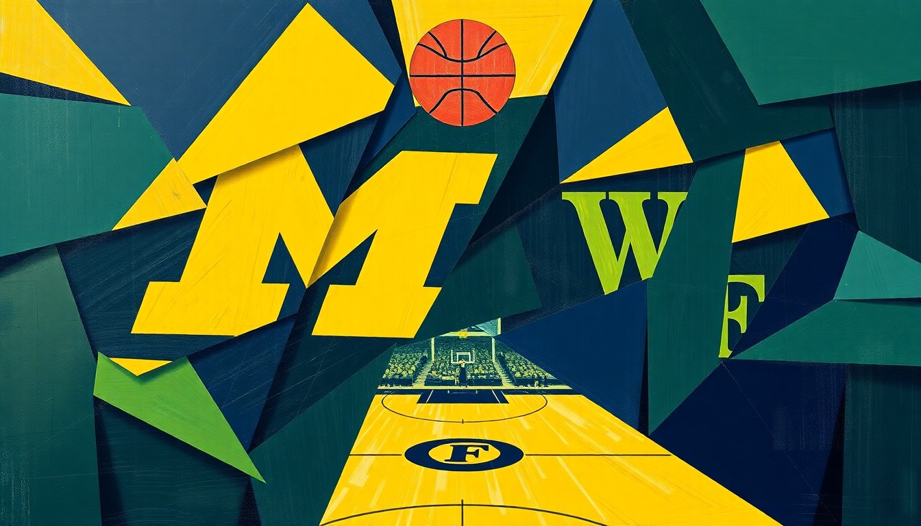 A cubist, geometric painting depicting a college basketball game, with the players and court fragmented into sharp, overlapping planes of navy blue, maize yellow, and forest green.