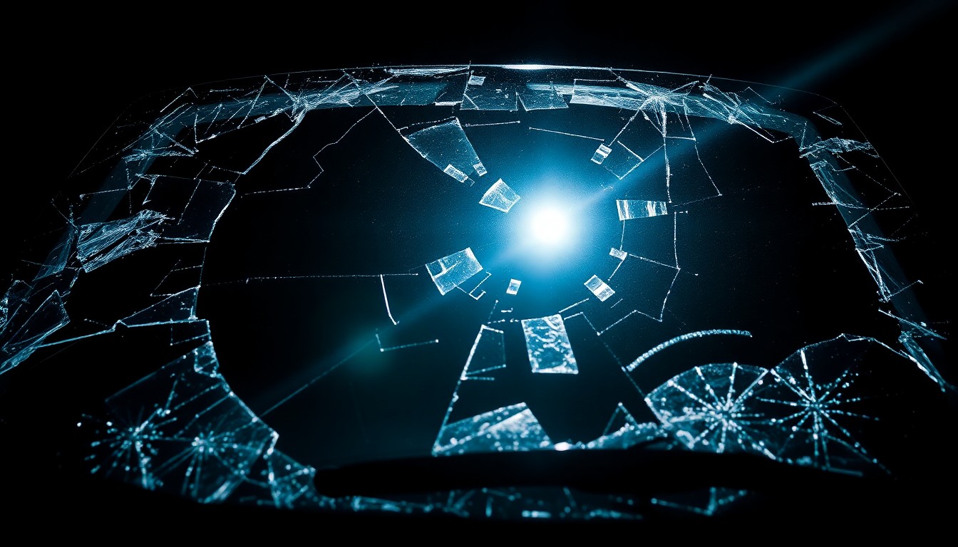 An extreme close-up photograph of a shattered car windshield, the glass fractured and reflecting a harsh, direct camera flash against a pitch-black background, conceptually illustrating the aftermath of a violent attack on a religious institution.