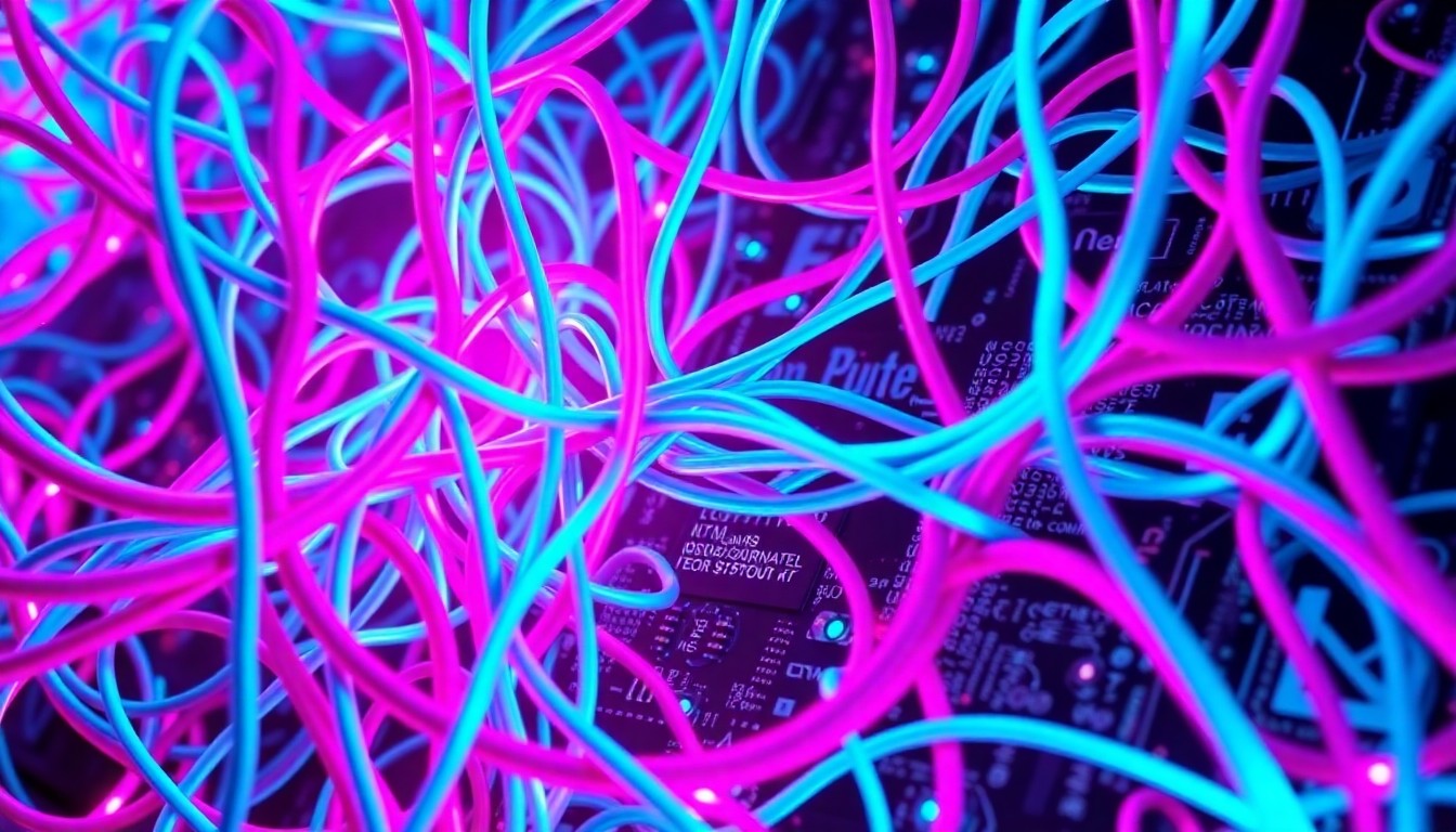 A highly detailed, glowing 3D illustration of a complex network of illuminated cables, circuit boards, and other cybernetic hardware, symbolizing the intricate digital foundations and financial challenges facing the gaming publisher Nacon.