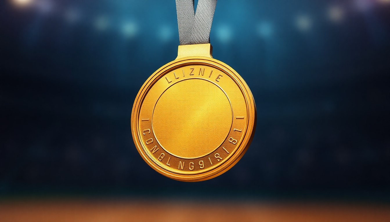 An extreme close-up of a shiny, golden medal reflecting the light in a dramatic, high-contrast studio setting, conceptually representing the pride and accomplishment of a sports championship win.