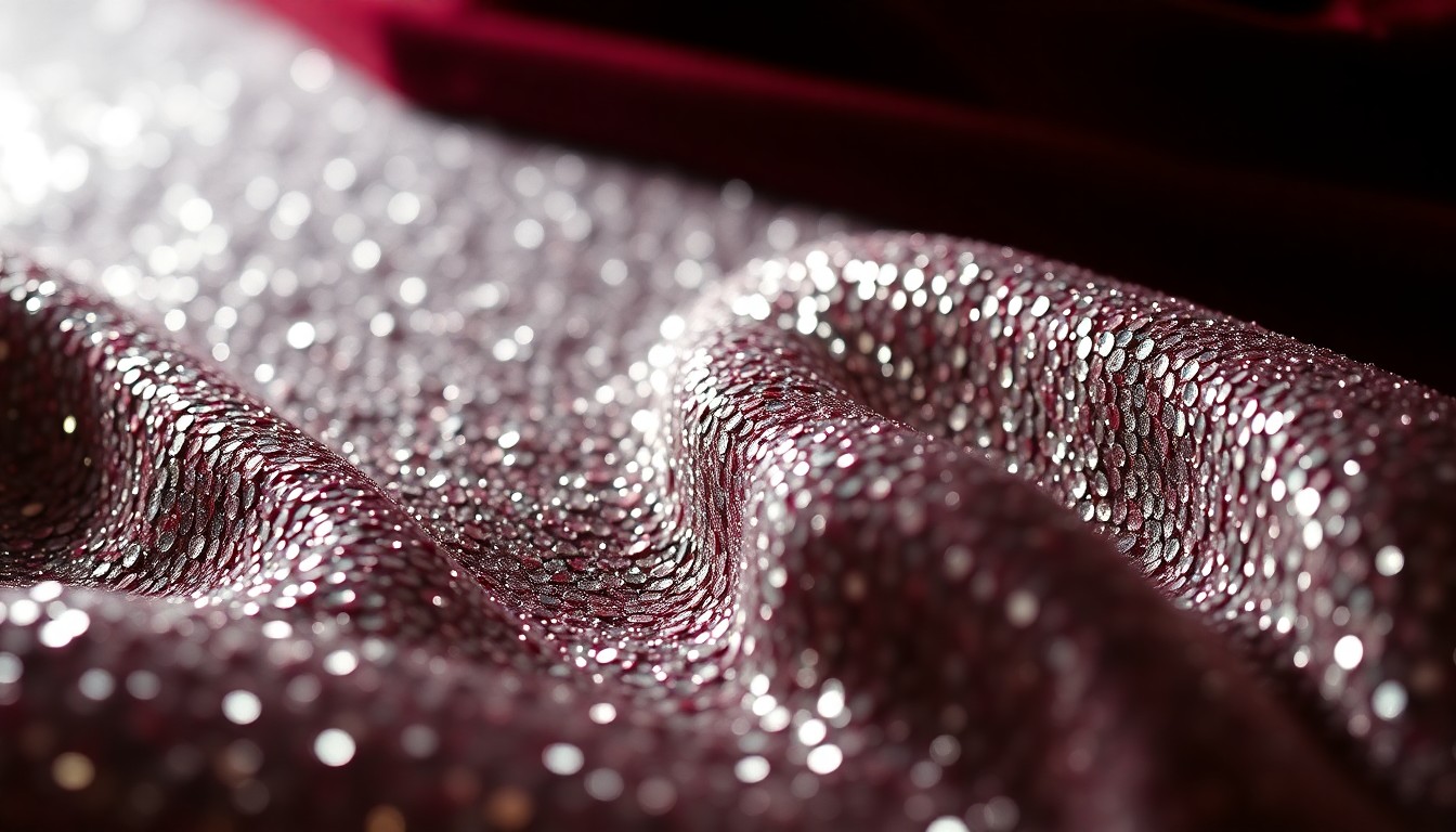 An extreme close-up of shimmering, high-contrast textures like glittering sequins and crushed velvet, capturing the glamorous yet intimate essence of celebrity culture.