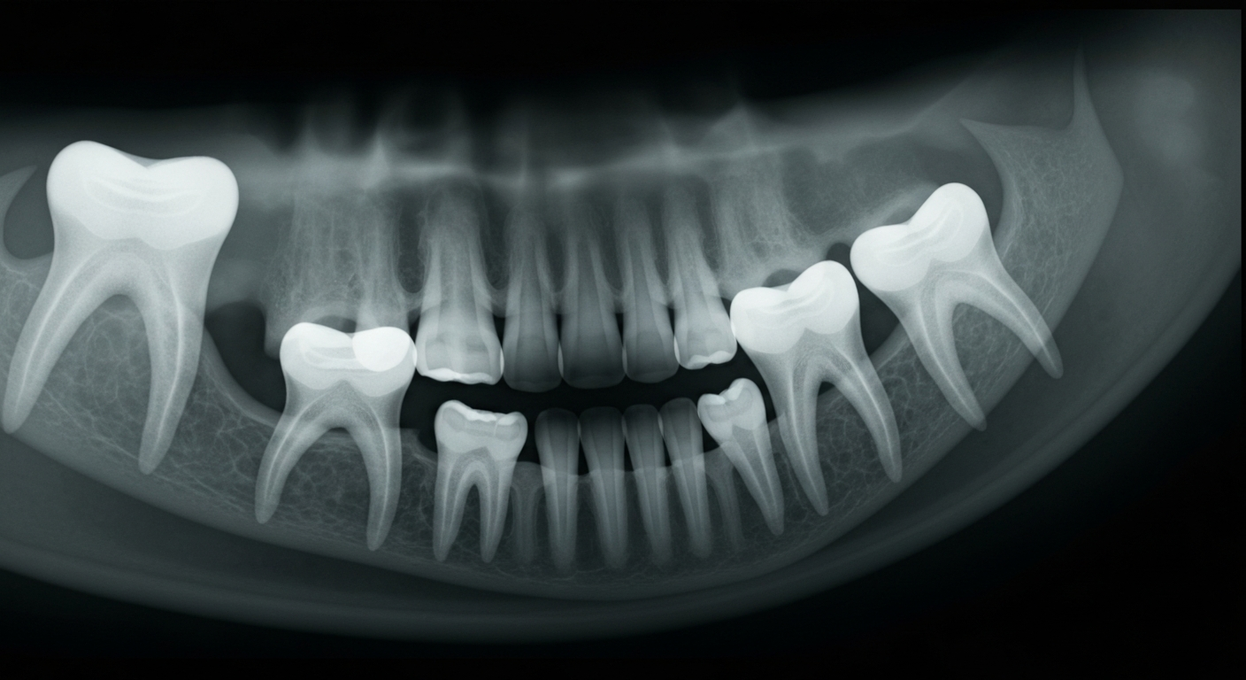 A ghostly, translucent X-ray photograph revealing the internal structure of a set of teeth, glowing against a dark background, conceptually representing the detailed, professional care provided by dentists for teeth whitening.