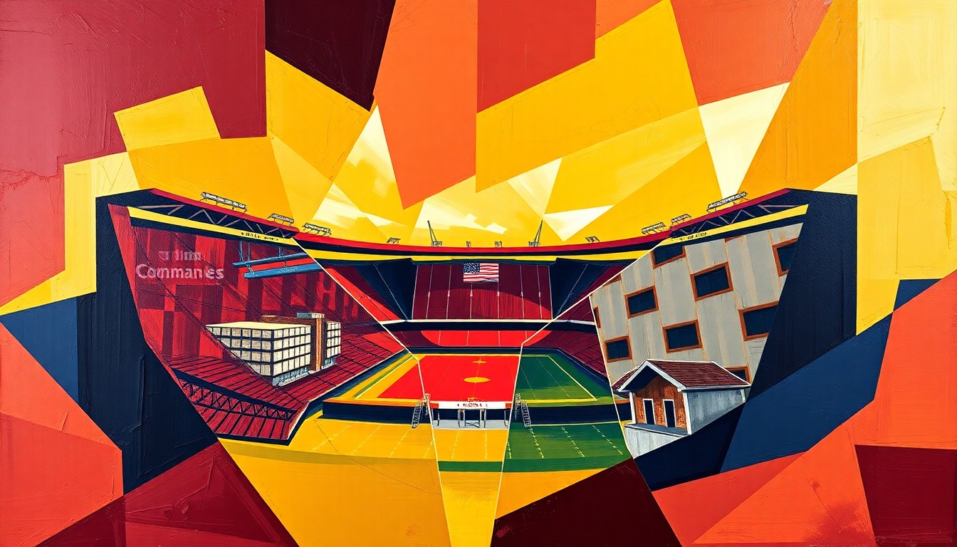 A cubist-style painting depicting the Washington Commanders' new stadium design, with its sharp, overlapping geometric planes in burgundy, gold, and navy blue, creating a dynamic and visually striking conceptual representation of the upcoming venue.