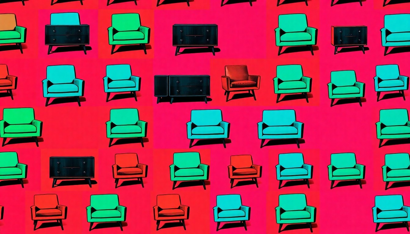 A high-contrast silkscreen print of a retro wooden chair with tapered legs, repeated in a grid pattern with vibrant neon colors and heavy black outlines, conceptually representing the pop art appeal of recognizing vintage furniture design.