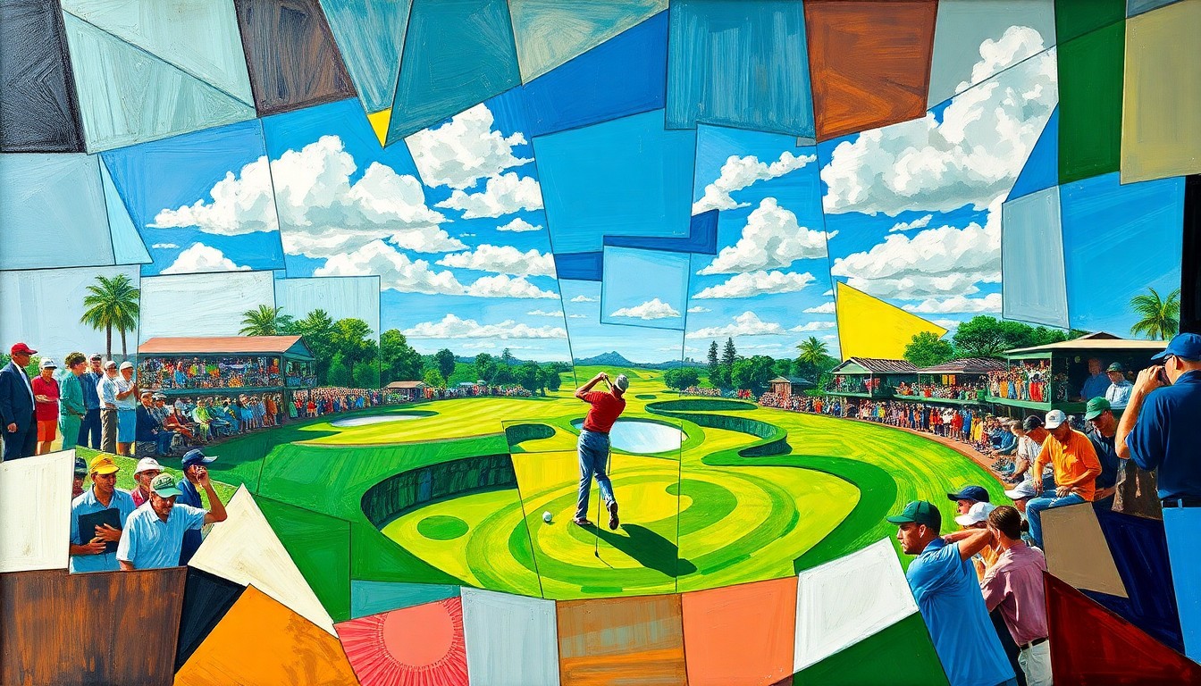 A cubist, geometric painting depicting a fragmented, multi-angled view of a professional golf tournament, with sharp planes of color and form representing the tension and complexity of the issues surrounding LIV Golf players and the PGA Tour.