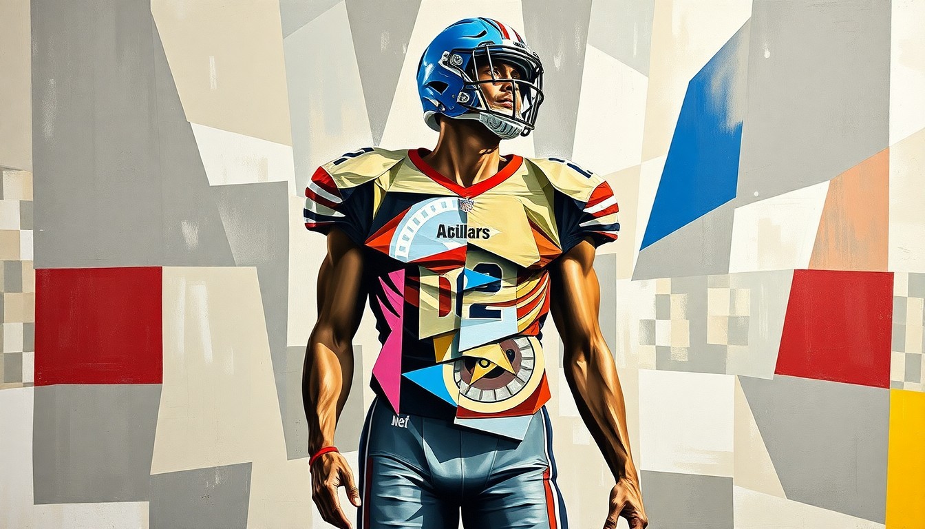 A fragmented, geometric painting depicting the abstract forms and shapes of a football player undergoing rehabilitation, symbolizing the challenges and determination required for a full recovery.