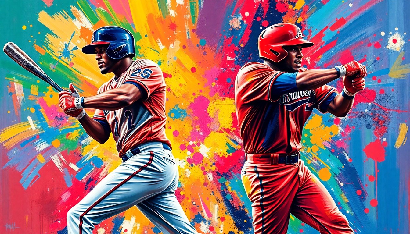 An expressionistic painting in vibrant neon colors depicting the powerful, explosive swings of two baseball players hitting home runs, capturing the raw energy and athleticism of the sport.
