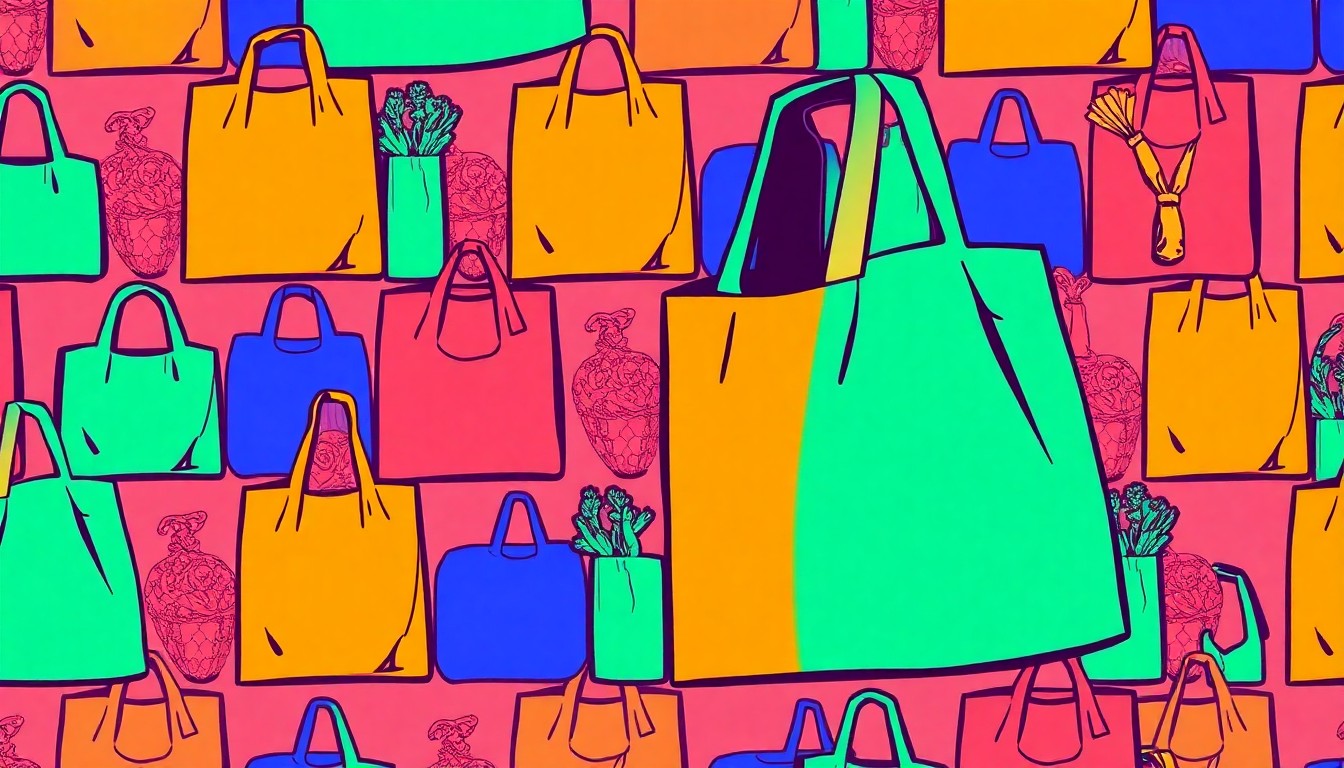 A highly stylized, abstract grid of brightly colored, silkscreened images of organic produce, conceptually representing the joyful energy and community values of a local grocery store anniversary celebration.