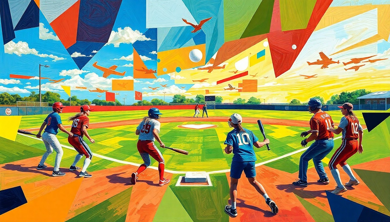 A fragmented, geometric painting depicting a high school softball game, with overlapping planes of bright colors representing the players, field, and equipment, capturing the dynamic movement and energy of the sport.