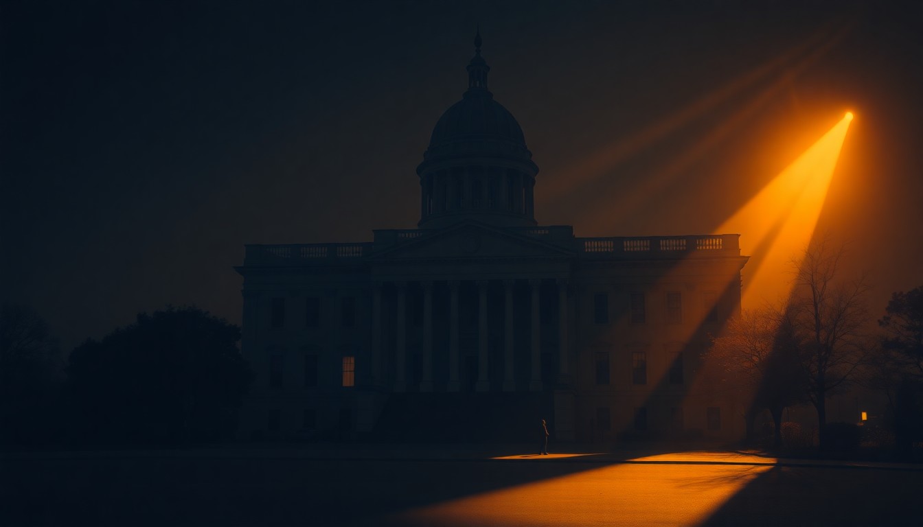 A cinematic painting of a solitary government building or political figure in a warm, sunlit urban setting, conveying a sense of quiet contemplation and the complexities of modern statecraft.