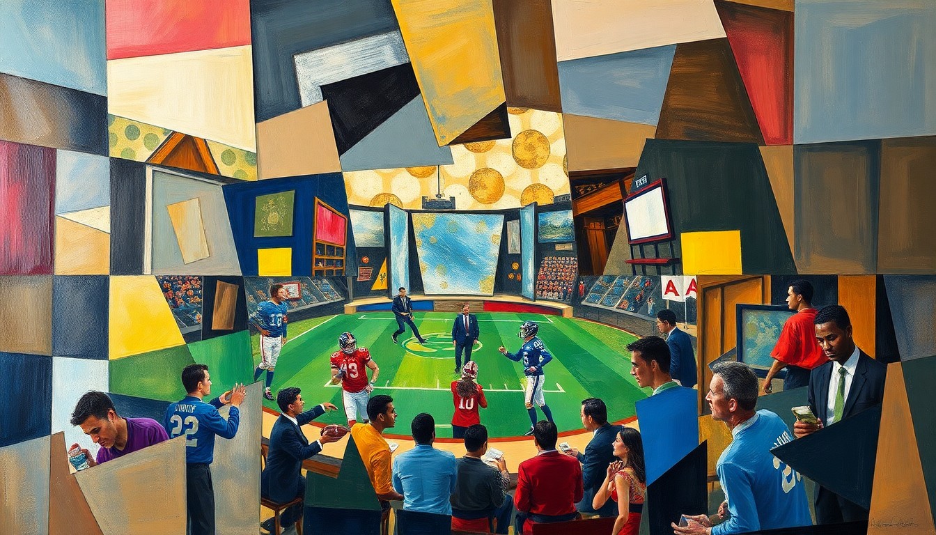 A cubist-style painting depicting a fragmented, geometric interpretation of a football draft scene, with sharp, overlapping planes of color and shape representing the complex decision-making process teams face when navigating the draft.