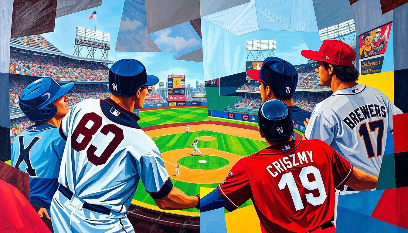 A cubist-style painting featuring overlapping geometric shapes in the colors of the Nationals and Brewers uniforms, capturing the dynamic action and tactical maneuvering of a baseball game.