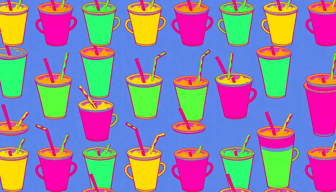A high-contrast, silkscreen-style illustration featuring a repeated image of a diner coffee cup in a grid of bright, neon colors, conceptually representing the blending of Japanese and American culinary influences.