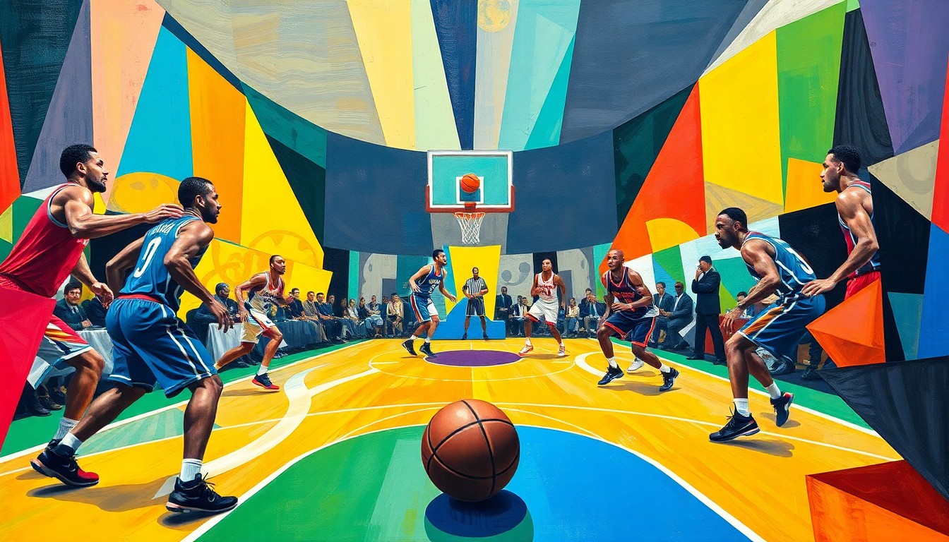 A fragmented, geometric painting depicting the dynamic movements and energy of a basketball game, with the players' forms reduced to sharp, overlapping shapes in a vibrant color palette.
