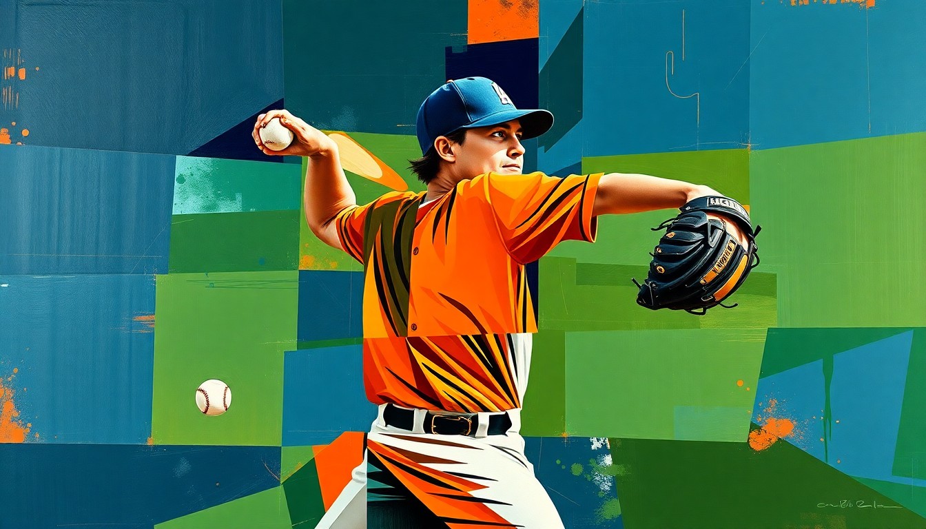 A fragmented, geometric painting depicting a baseball pitcher's windup and delivery, with sharp, overlapping planes of navy, green, and orange, conveying the intricate dynamics of contract negotiations.